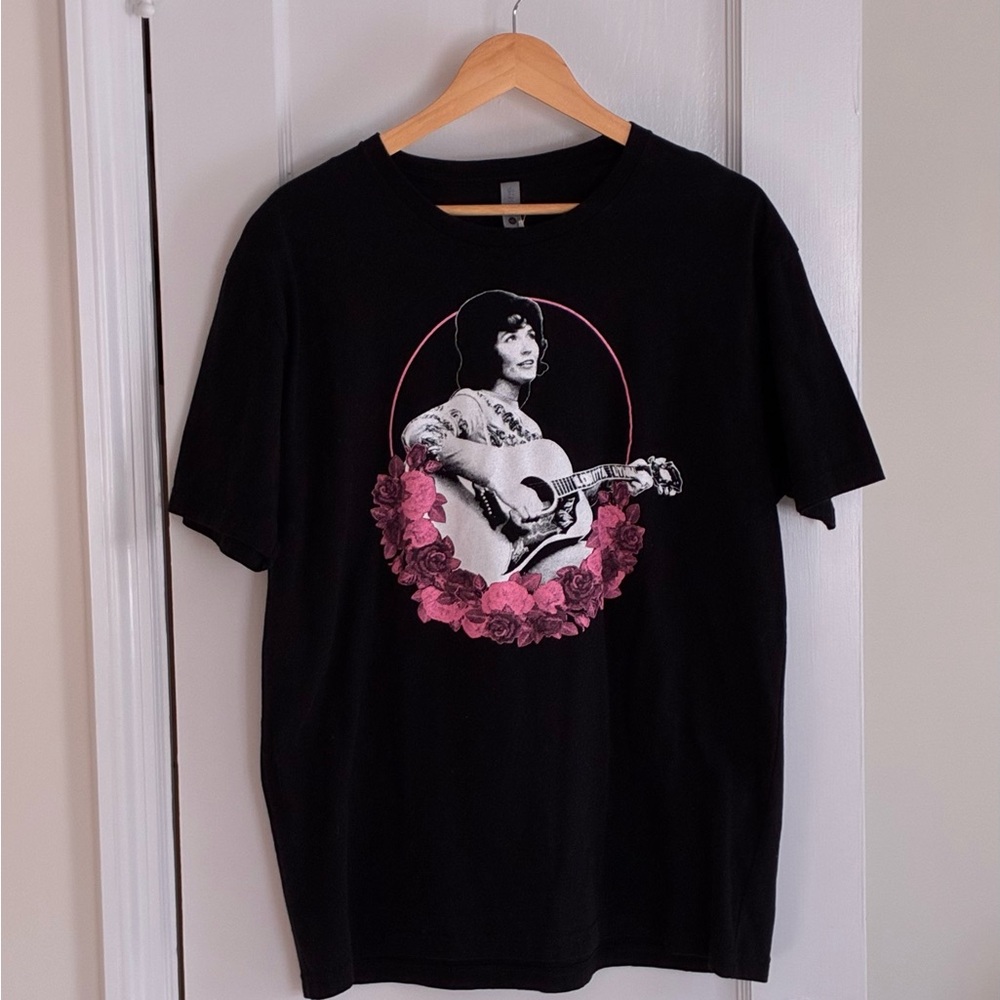 Black Graphic T-Shirt with Pink Floral Design